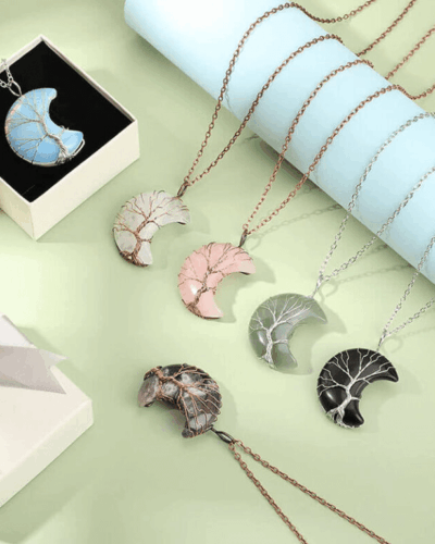 Healing Moon Crystal Necklace Wrapped with Tree of Life Bulk