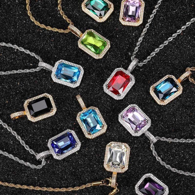Hip hop Square Gemstone Pendant Necklace for Men Women Bulk 1
