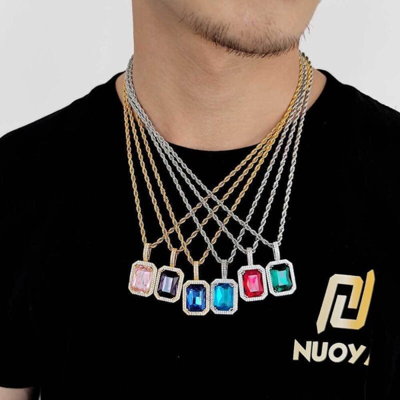Hip hop Square Gemstone Pendant Necklace for Men Women Bulk 3