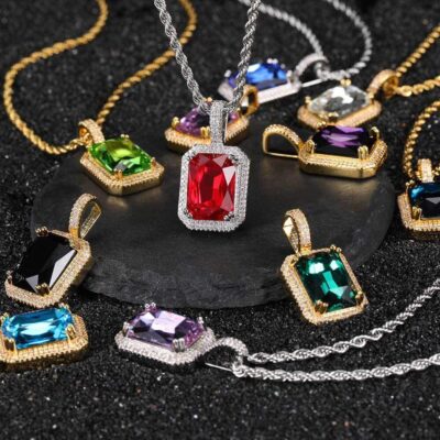 Hip-hop Square Gemstone Pendant Necklace for Men Women Bulk (5)