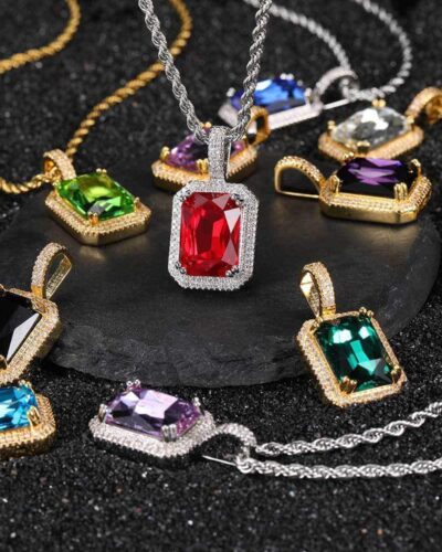 Hip-hop Square Gemstone Pendant Necklace for Men Women Bulk (5)