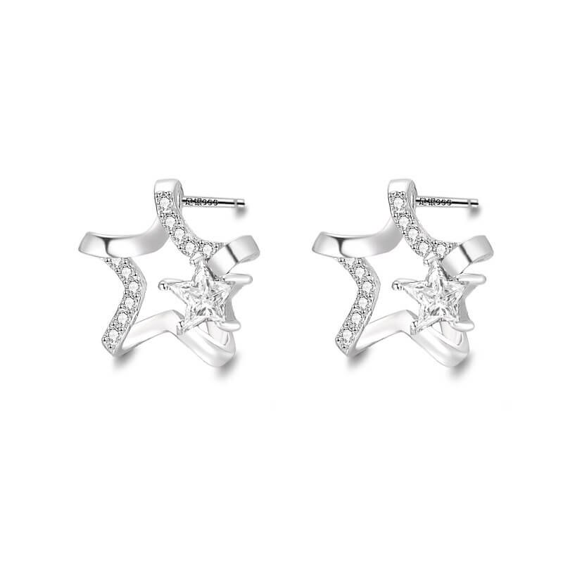 Hollow Star Shaped Earrings Silver 999 with Sparking CZ SHOW