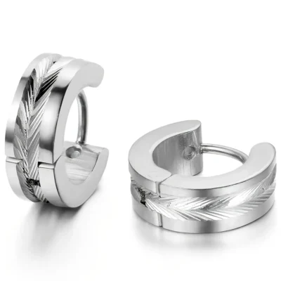 Knurling Mens Stainless Steel Hoop Earrings Wholesale-silvery