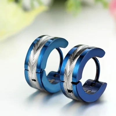 Knurling Mens Stainless Steel Hoop Earrings Wholesale-blue
