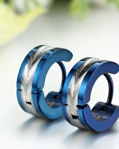 Knurling Mens Stainless Steel Hoop Earrings Wholesale-blue