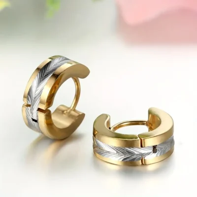 Knurling Mens Stainless Steel Hoop Earrings Wholesale-gold