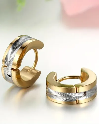 Knurling Mens Stainless Steel Hoop Earrings Wholesale-gold