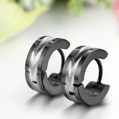 Knurling Mens Stainless Steel Hoop Earrings Wholesale-black