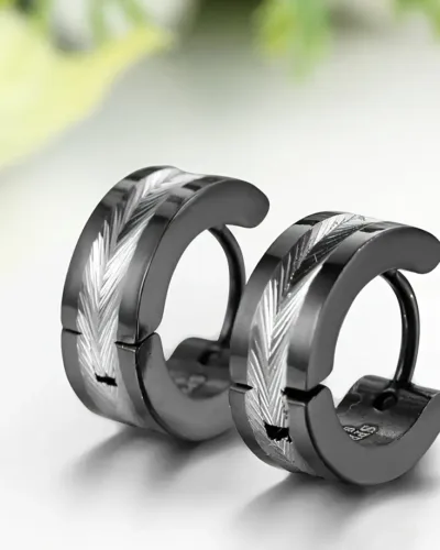 Knurling Mens Stainless Steel Hoop Earrings Wholesale-black