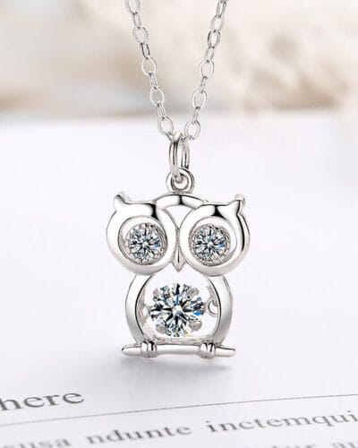 Lively 14k Gold plated Silver Owl Pendant Necklace white gold plated