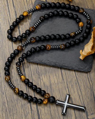 Long Retro Yellow Tiger Eye Bead Necklace for Men (1)
