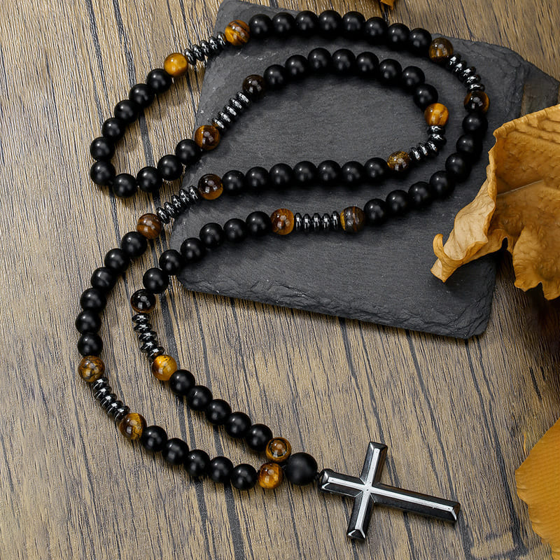 Long Retro Yellow Tiger Eye Bead Necklace for Men (1)