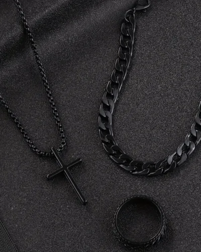 Mens Black Stainless Steel Jewelry Set Wholesale Necklace Ring Bracelet 5