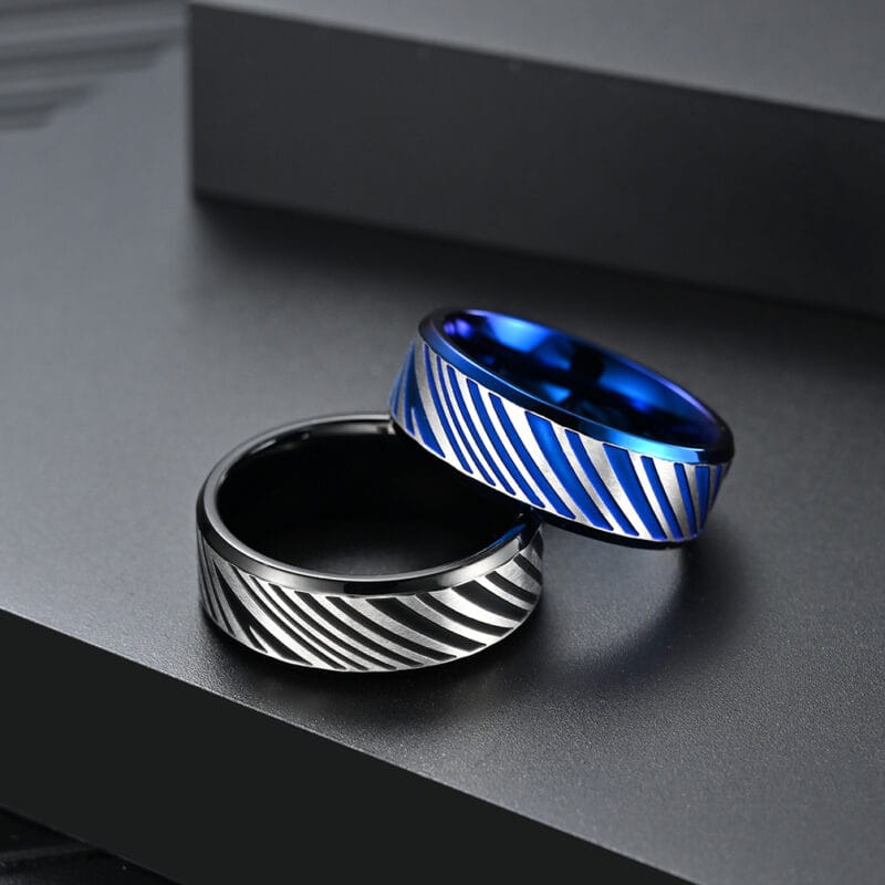 Mens Blue Titanium Wedding Bands with Diagonal Pattern Bulk 4