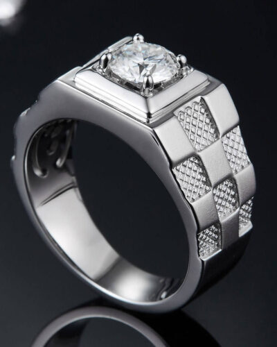 Mens Moissanite Silver Rings with Block Design