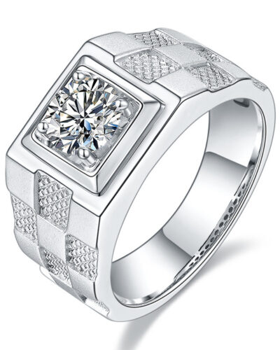 Mens Moissanite Silver Rings with Block Design