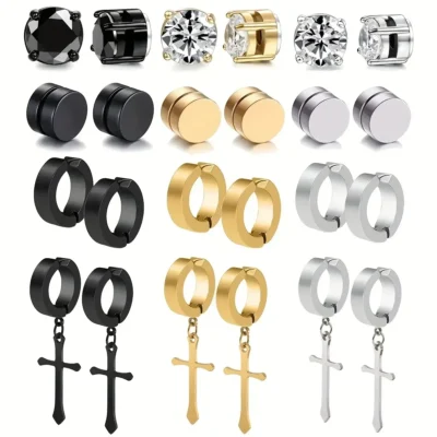 Mens Stainless Steel Ear Stud Cuff Hoop No-piercing Clip-on Earrings (1)