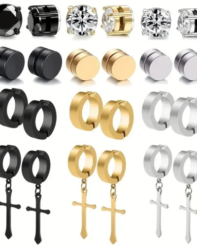 Mens Stainless Steel Ear Stud Cuff Hoop No-piercing Clip-on Earrings (1)