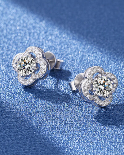 Moissanite Earrings Studs with Four Leaf Clover Design