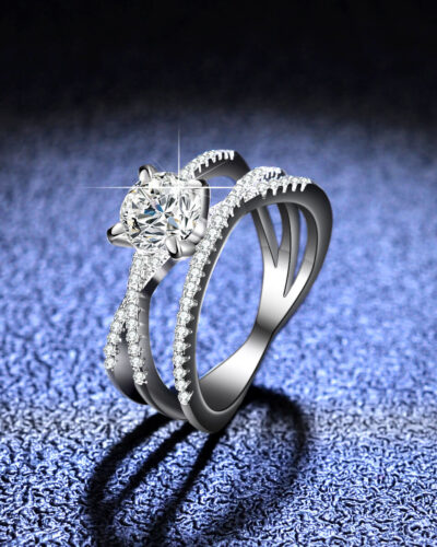 Moissanite Engagement Ring with Triple Row Criss-Cross Design