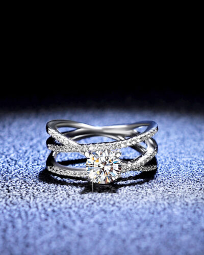 Moissanite Engagement Ring with Triple Row Criss-Cross Design