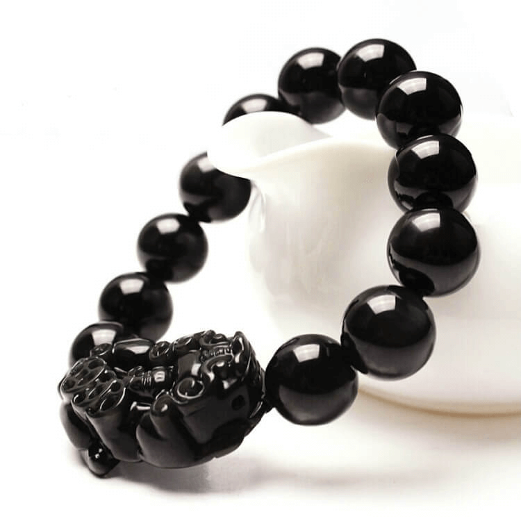 8-12MM Men's Black Obsidian Pixiu Bracelet for Wealth