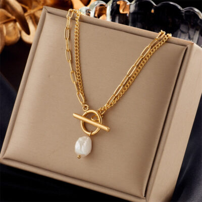 Retro Baroque Pearl Irregular Double-layer Stainless Steel Chain Women (1)