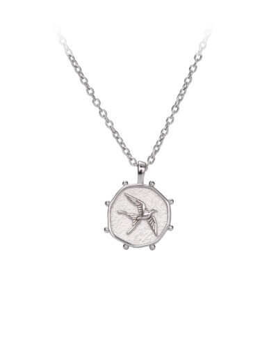Round Compass Sterling Silver Swallow Necklace WHITE GOLD PLATED