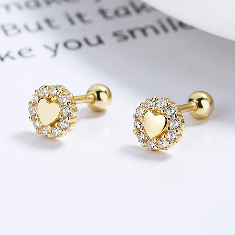 S925 Heart Silver Stud Earrings with Cubic Zirconia GOLD