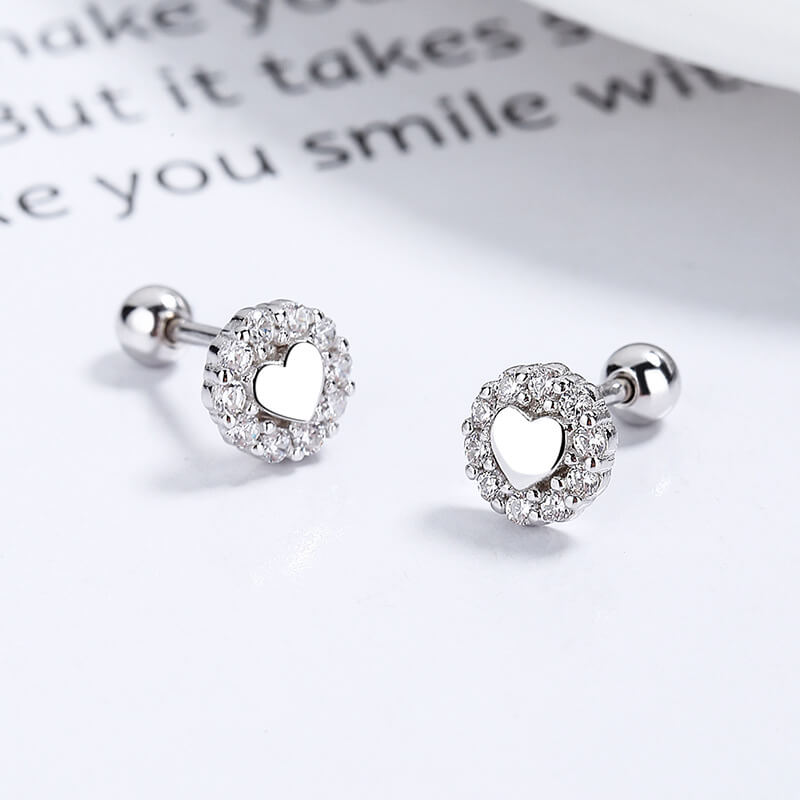 S925 Heart Silver Stud Earrings with Cubic Zirconia WHITE GOLD