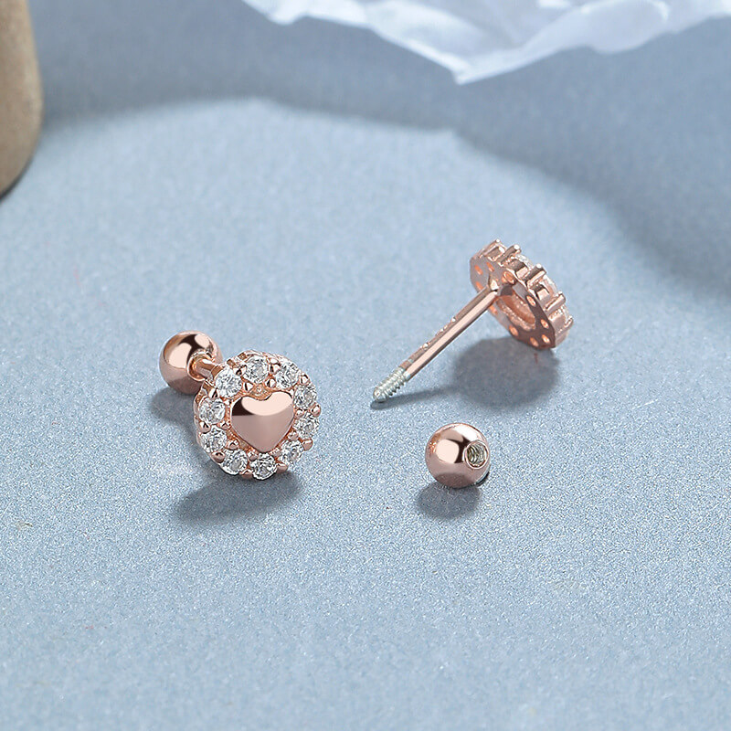 S925 Heart Silver Stud Earrings with Cubic Zirconia ROSE GOLD