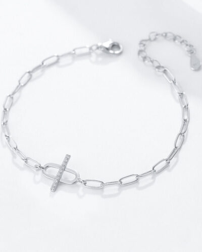 S925 Paper Clip Link Bracelet Pave Set CZ SILVERY