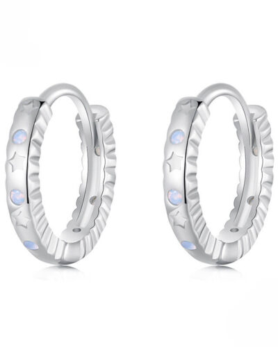 S925 Pure Silver Star Opal Huggie Earrings White Gold Plated show