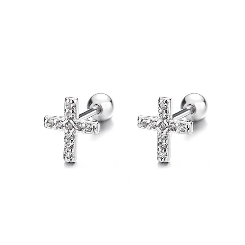 Screw-in Design 925 Sterling Silver Cross Earrings Bulk WHITE GOLD