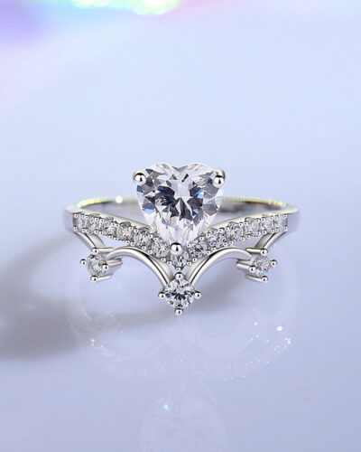 Silver Engagement Ring with Moissanite in Romantic Heart Design