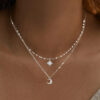 Sparking 925 Sterling Silver Layered Moon and Star Necklace SHOW