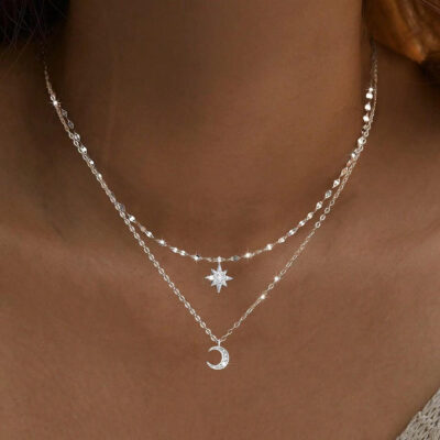 Sparking 925 Sterling Silver Layered Moon and Star Necklace SHOW