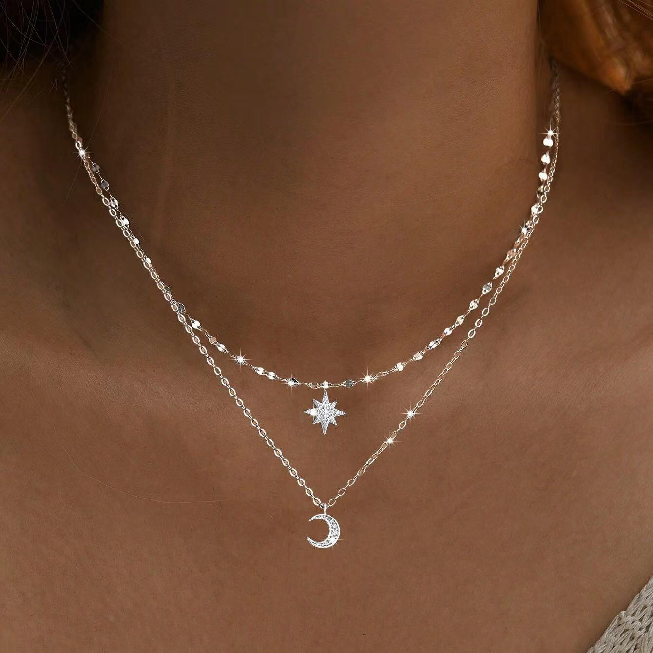 Sparking 925 Sterling Silver Layered Moon and Star Necklace SHOW