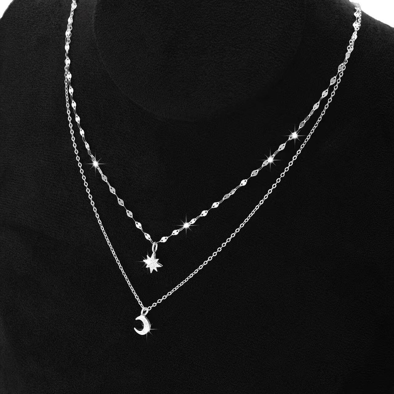 Sparking 925 Sterling Silver Layered Moon and Star Necklace - Image 4