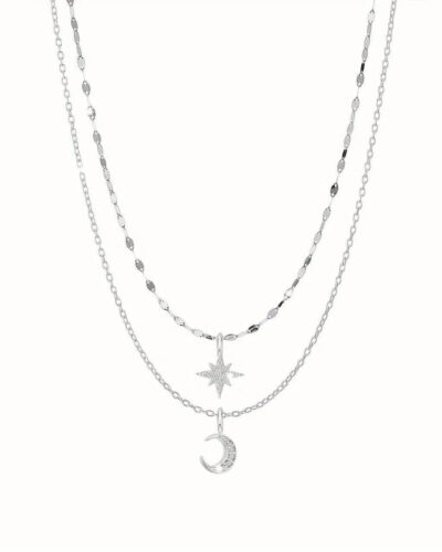 Sparking 925 Sterling Silver Layered Moon and Star Necklace