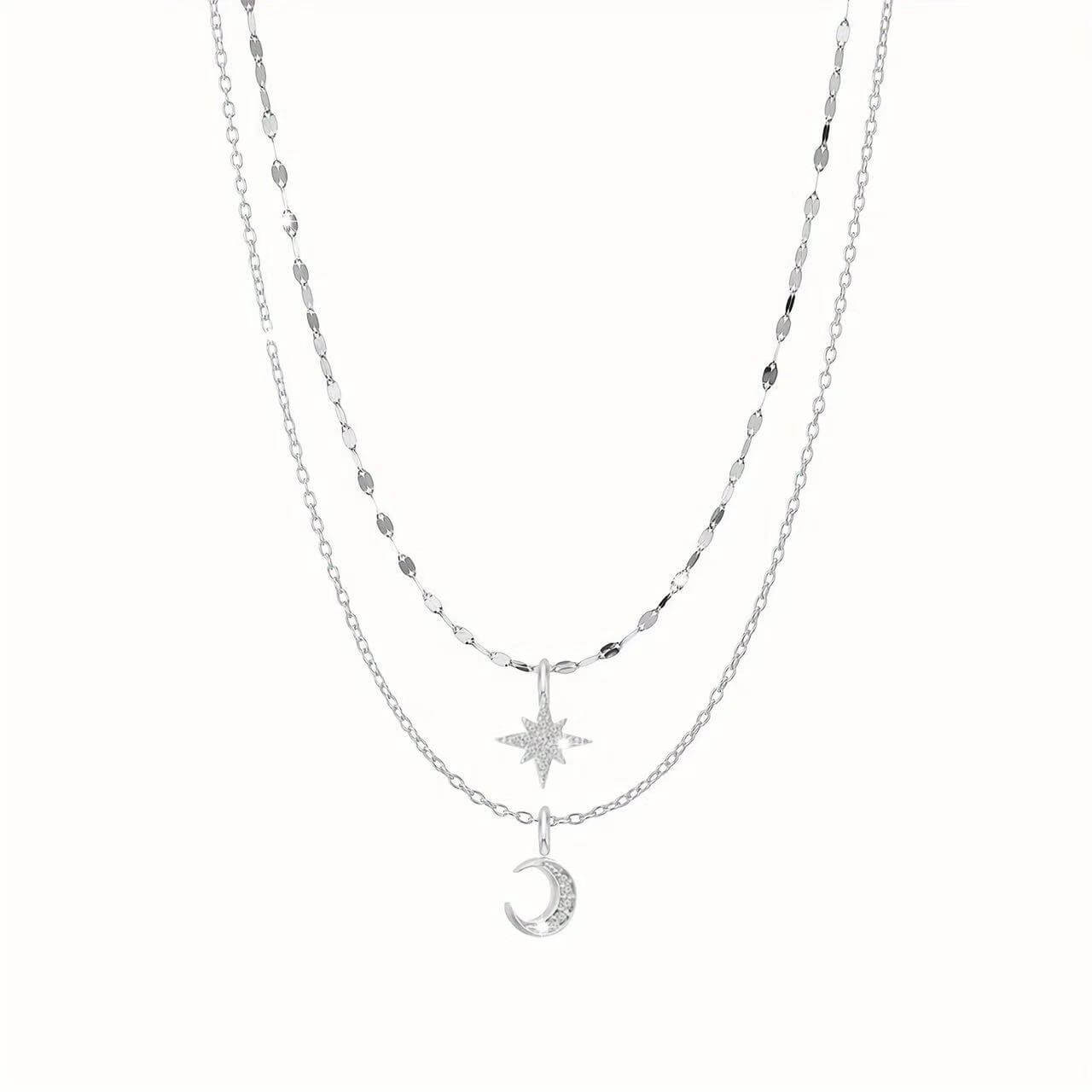 Sparking 925 Sterling Silver Layered Moon and Star Necklace