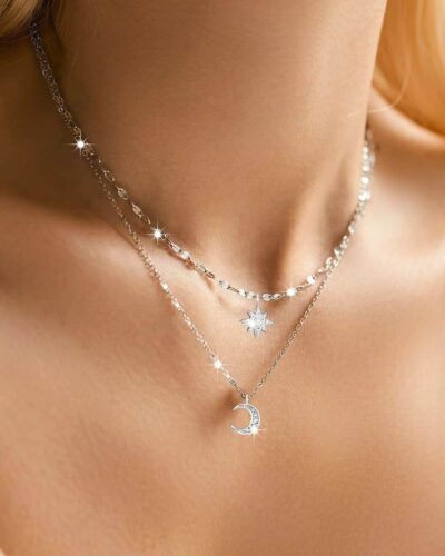 Vue alternative de Sparking 925 Sterling Silver Layered Moon and Star Necklace