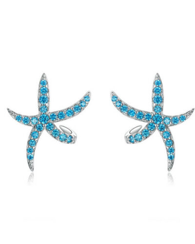 Sparkly Plated White Gold Sterling Silver Stud Starfish Earrings SHOW