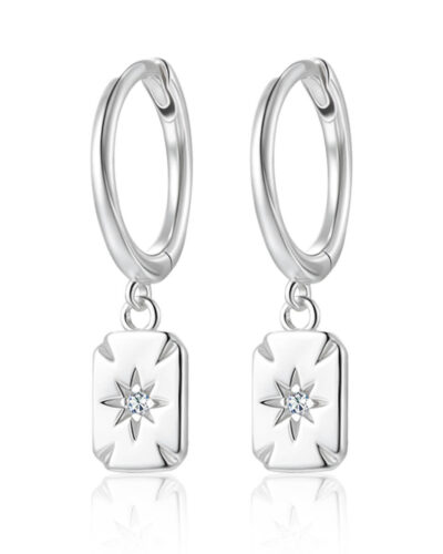 Square 925 Sterling Silver Dangle Hoop Earrings STYLE 2 WHITE GOLD PLATED