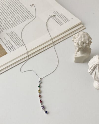 Sterling Silver Long Tassel Necklace with Colorful Zirconia silvery
