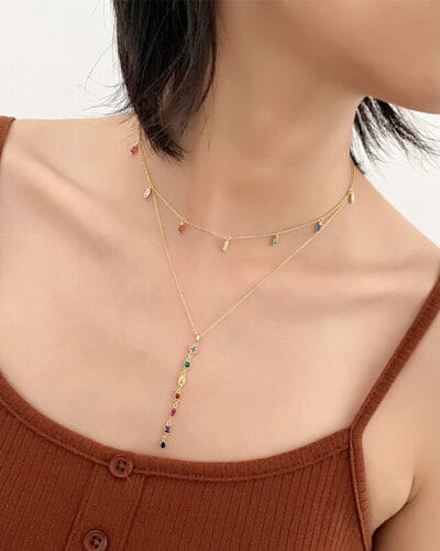 Sterling Silver Long Tassel Necklace with Colorful Zirconia 4