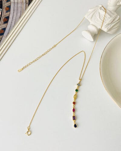 Sterling Silver Long Tassel Necklace with Colorful Zirconia gold