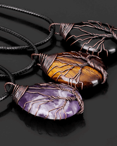 Teardrop Crystal Necklace Tree of Life Wrapped Pendant Wholesale