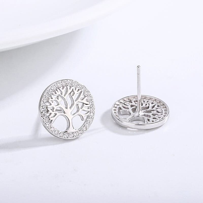 Tree of Life Earrings Sterling Silver S925 white gold