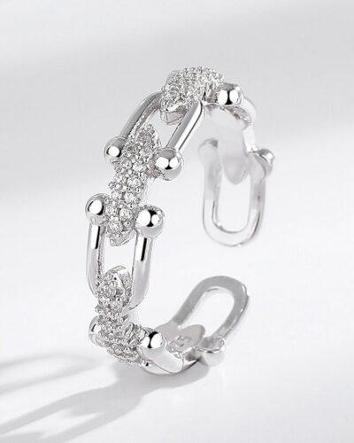 U Shaped Adjustable Sterling Silver Rings with Zircons WHITE GOLD